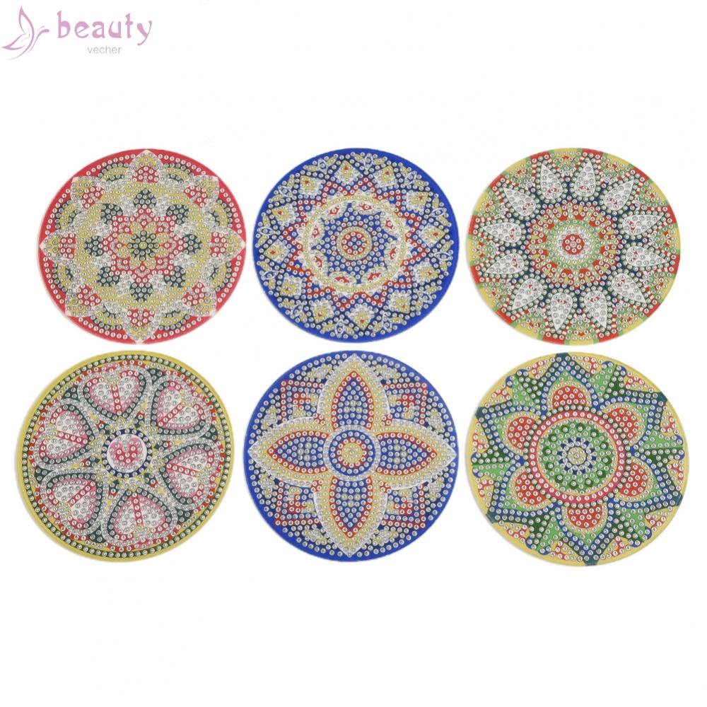 Bộ 6 Tấm Lót Ly Có Giá Đỡ Họa Tiết Mandala Độc Đáo DIY