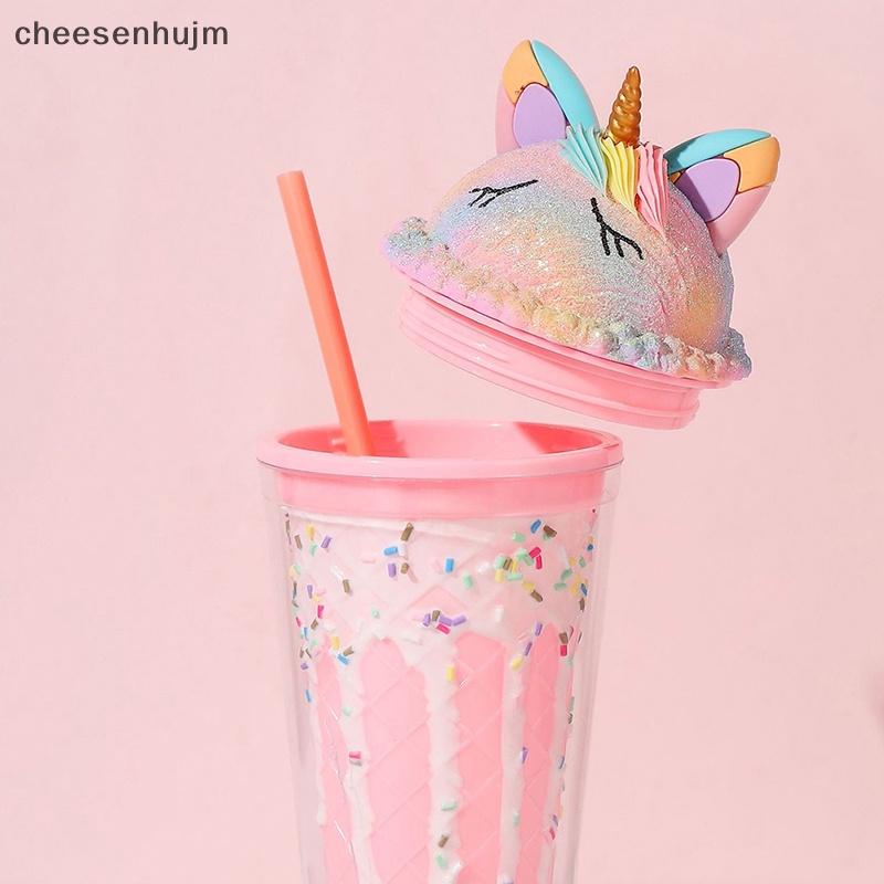 Cốc Uống Nước Hai Lớp Bằng Nhựa Họa Tiết Kỳ Lân Hoạt Hình Dễ Thương Kèm Ống Hút Tiện Dụng Cho Mùa Hè
