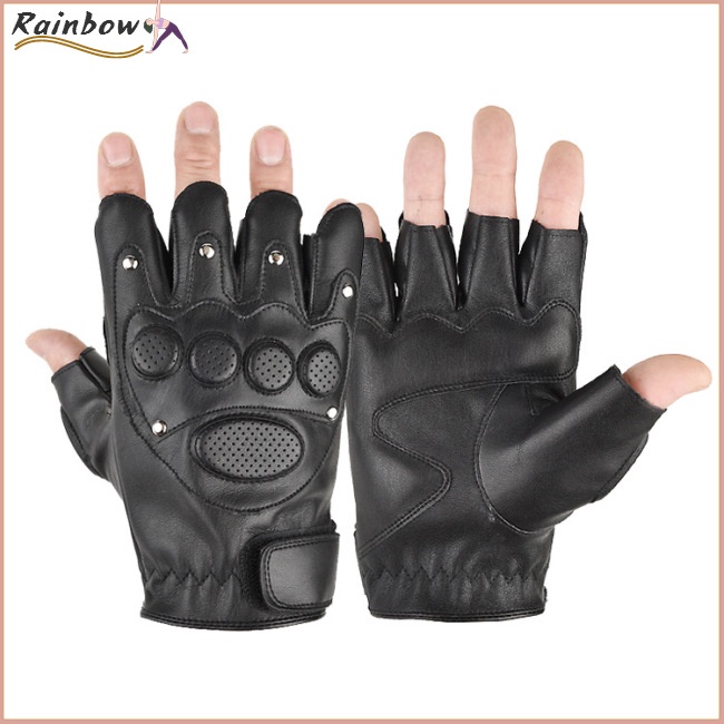 [COD] Găng Tay Lái Xe Nửa Ngón Bằng Da PU Màu Đen Phong Cách Punk Unisex