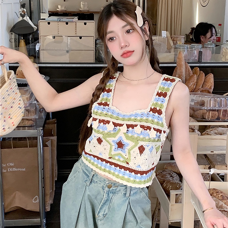 Áo Dệt Kim Sát Nách Thêu Họa Tiết Màu Tương Phản Thời Trang Mùa Hè Cho Nữ vn