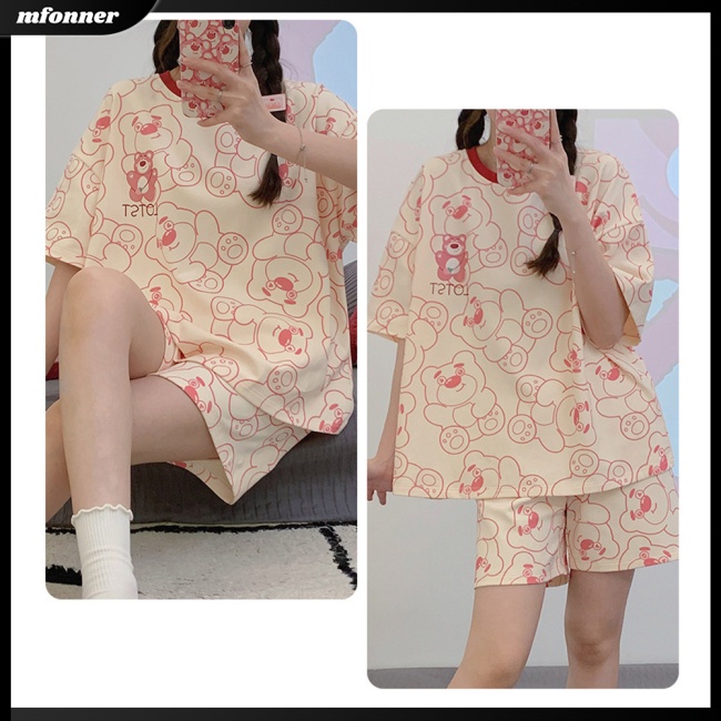 Bộ Đồ Ngủ 2 Món Áo Thun Tay Ngắn Cổ Tròn In Hoạt Hình Phối Quần Short Thời Trang Mùa Hè Cho Nữ