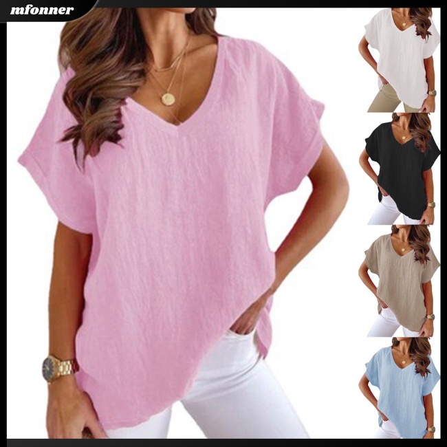 Áo Sơ Mi Cánh Dơi Ngắn Tay Cổ Chữ V Màu Sắc Trơn Thời Trang Mùa Hè Cho Nữ