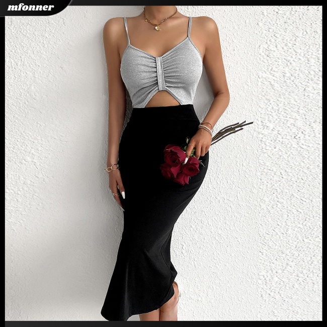 Đầm Lửng Không Tay Cổ Chữ V Lưng Cao Màu Sắc Tương Phản Thời Trang Mùa Hè Dành Cho Nữ