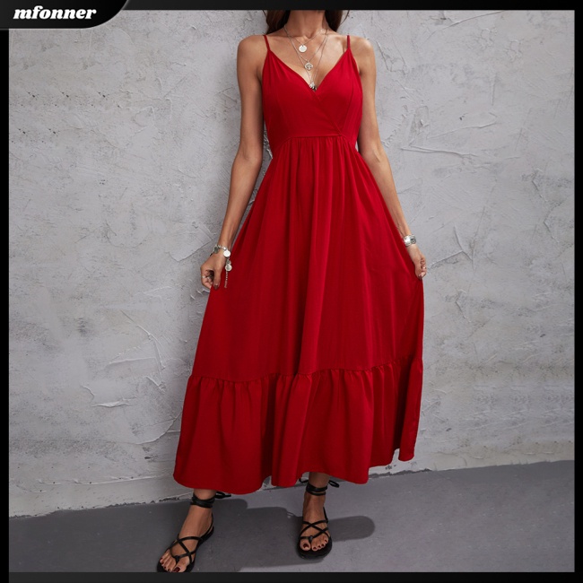 Đầm Dài Hai Dây Dáng Chữ A Lưng Cao Màu Sắc Đơn Giản Thời Trang Mùa Hè Cho Nữ