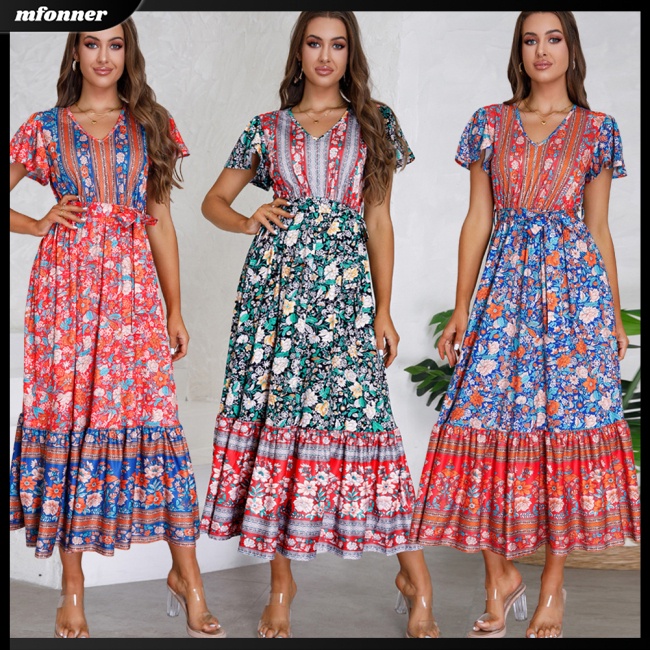 Đầm Maxi Lưng Cao Cổ Chữ V Họa Tiết Hoa Phong Cách Boho Thời Trang Mùa Hè Cho Nữ