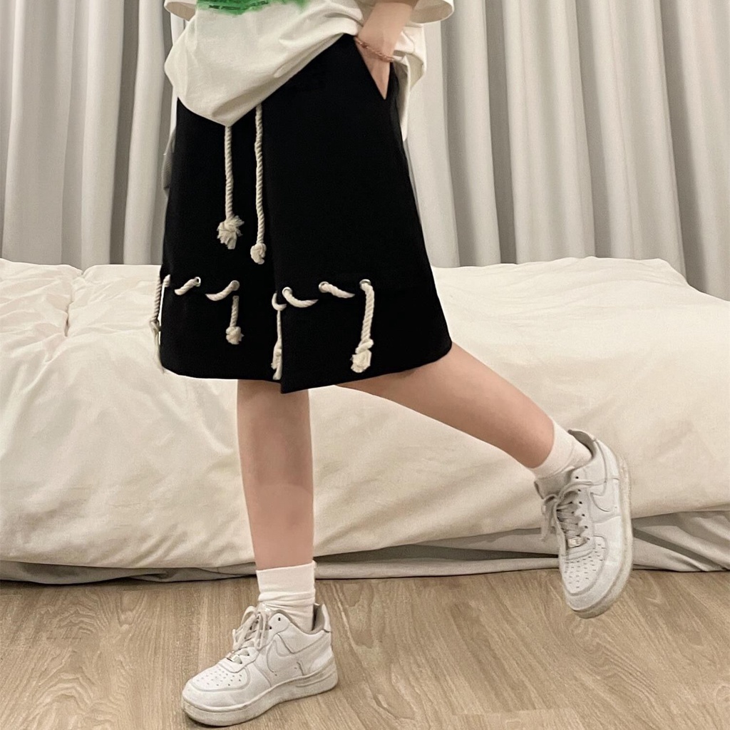 Quần Short Thể Thao Dáng Rộng Phối Dây Rút Thời Trang Retro Cá Tính Cho Nữ