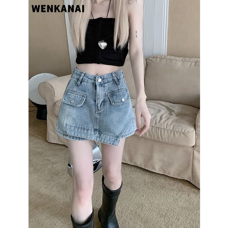 Chân Váy Denim Mỏng Lưng Cao Dáng Ôm Thiết Kế Bất Đối Xứng Cỡ Lớn Thời Trang Cá Tính Cho Nữ