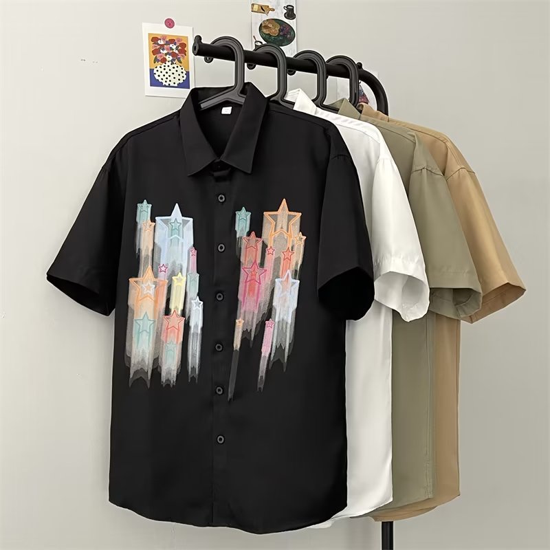 Áo Sơ Mi Ngắn Tay Cổ Đứng Họa Tiết Ngôi Sao Năm Cánh Phong Cách Đường Phố Mỹ Thời Trang Mùa Hè Cho Nam