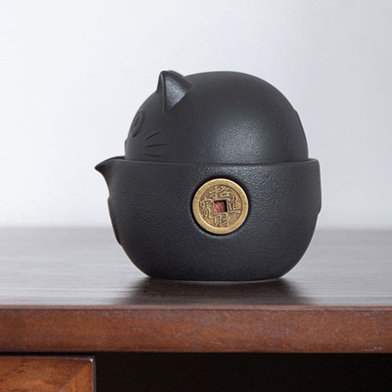 Bộ Ấm Trà Bằng Sứ Hình Mèo Dễ Thương Kèm Túi Đựng Tiện Dụng Mang Theo Du Lịch / Văn Phòng