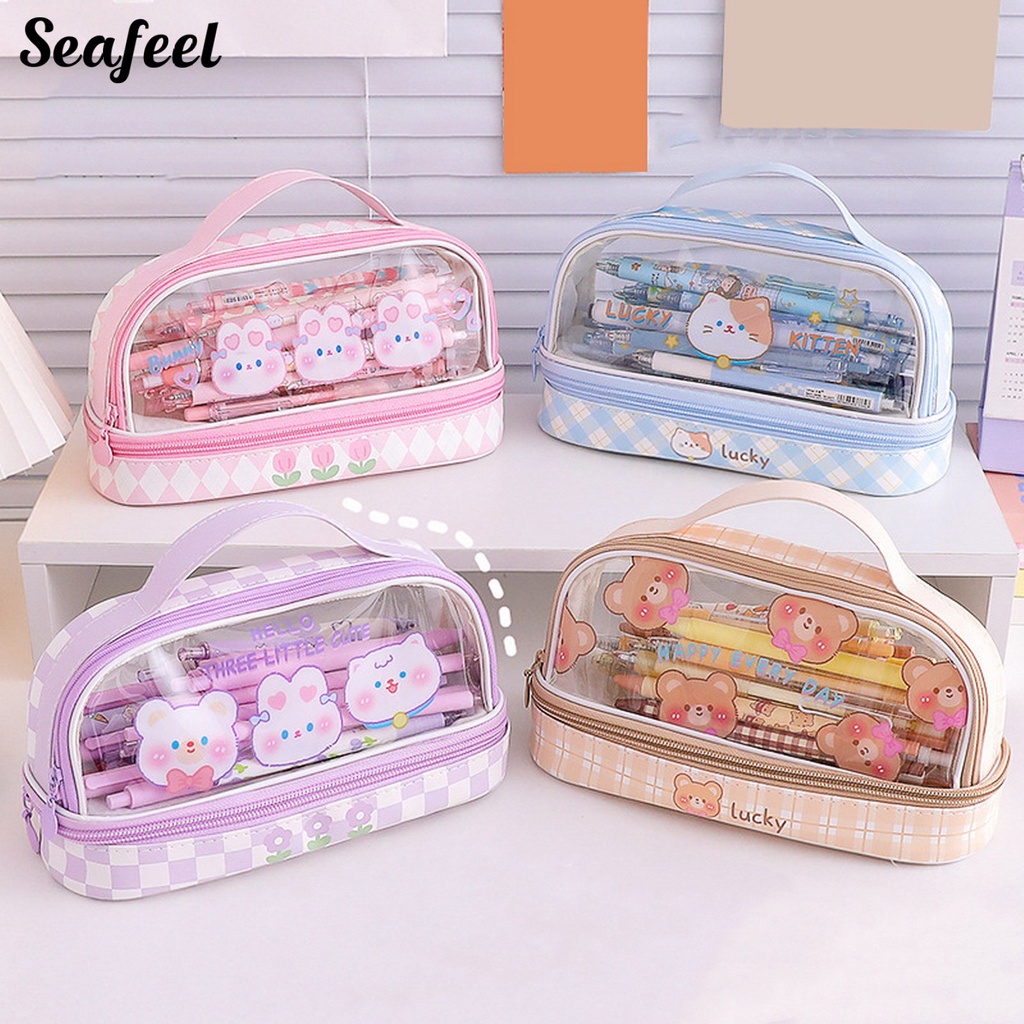 Túi Đựng Bút Chì Hai Lớp Trong Suốt Chống Bụi Sức Chứa Lớn In Họa Tiết Gấu Thỏ Hoạt Hình