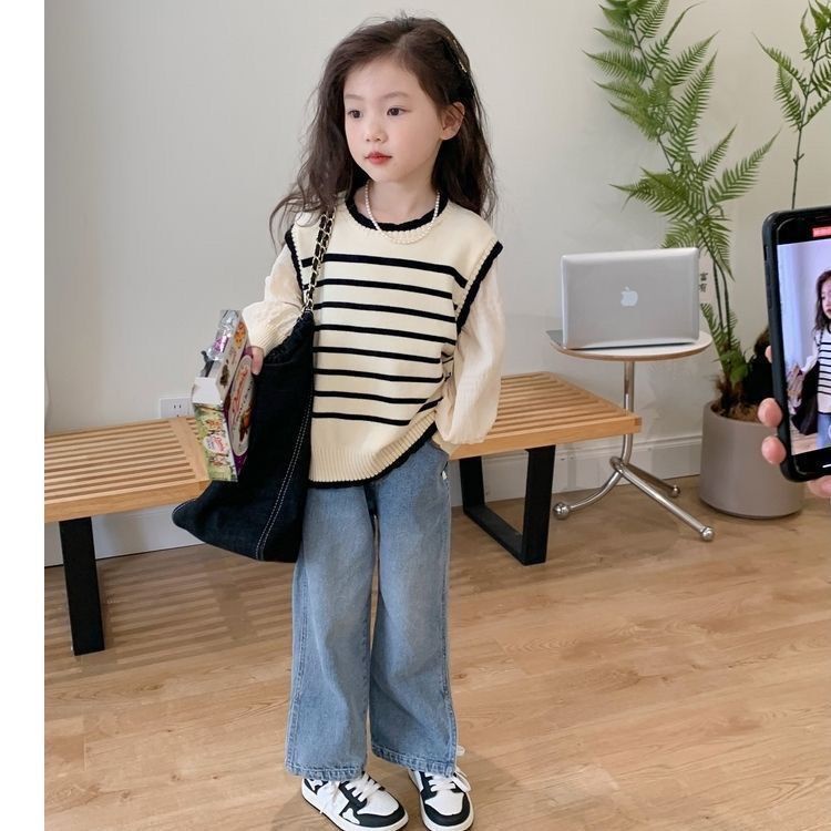Bé gái dệt kim trẻ em sọc dài tay áo sơ mi dệt kim