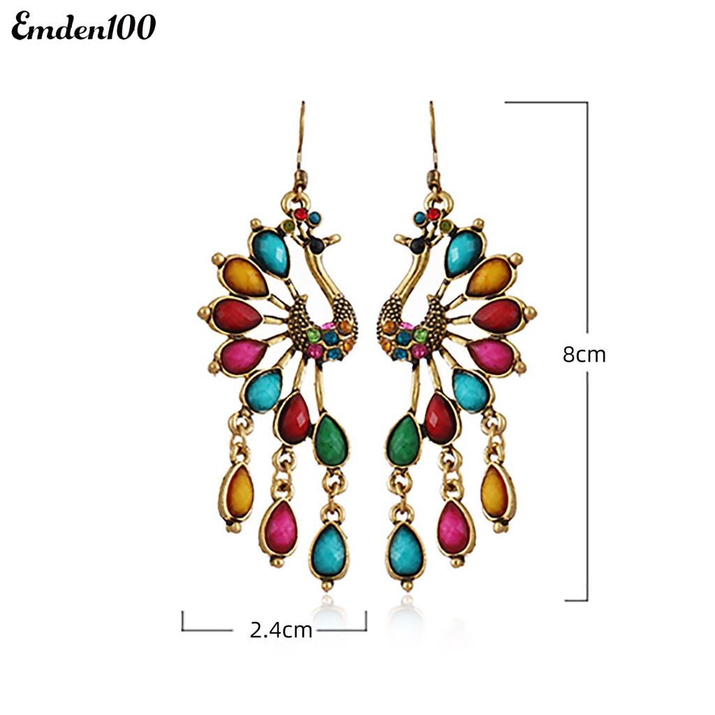 1 Đôi Bông Tai Dài Hình Chim Công Đính Đá