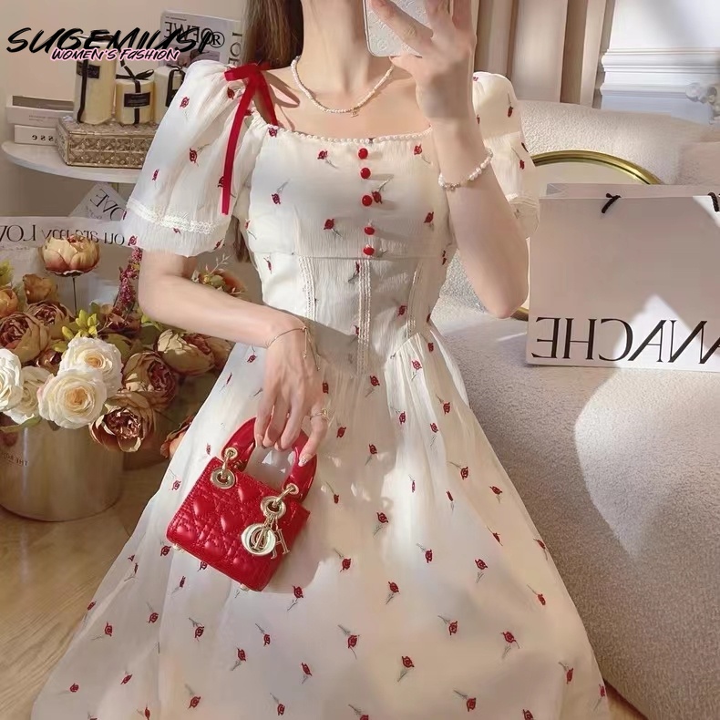 Sugemiusi Đầm Công Chúa Dáng Dài Ôm Eo Họa Tiết Hoa Thời Trang Mùa Hè Pháp