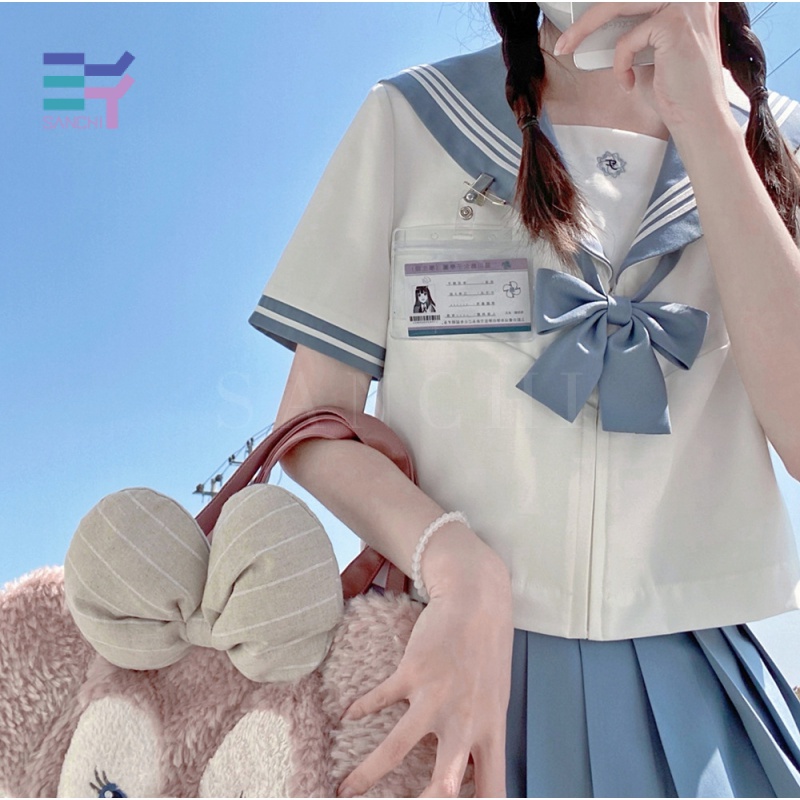 Sanchi Bộ Đồng Phục Nữ Sinh Nhật Bản Gồm Áo Ngắn Tay Và Chân Váy Xếp Ly Màu Xanh Xám