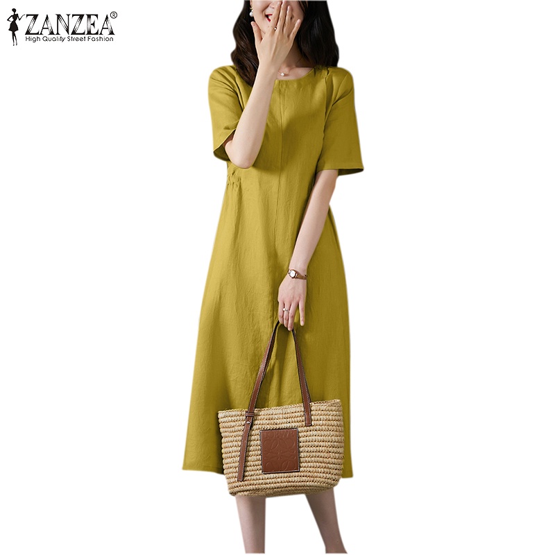 Zanzea Đầm Midi Ngắn Tay Cổ Tròn Phong Cách Hàn Quốc Thời Trang Cho Nữ