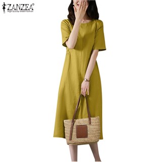 Đầm midi ZANZEA ngắn tay cổ tròn phong cách Hàn Quốc thời trang cho nữ