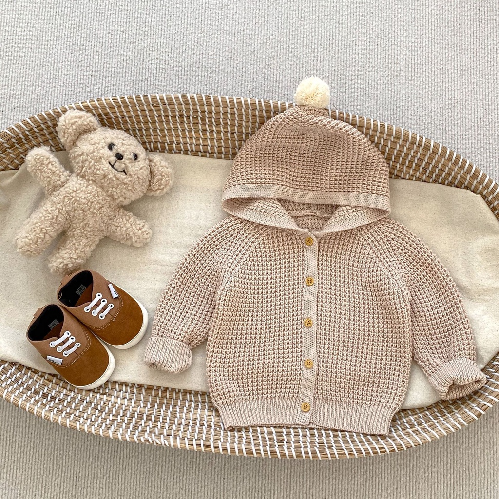 Bộ Áo Cardigan Cotton Có Nón Dệt Kim Màu Trơn Phối Quần Dài Thời Trang Mùa Thu 2023 Cho Bé Gái