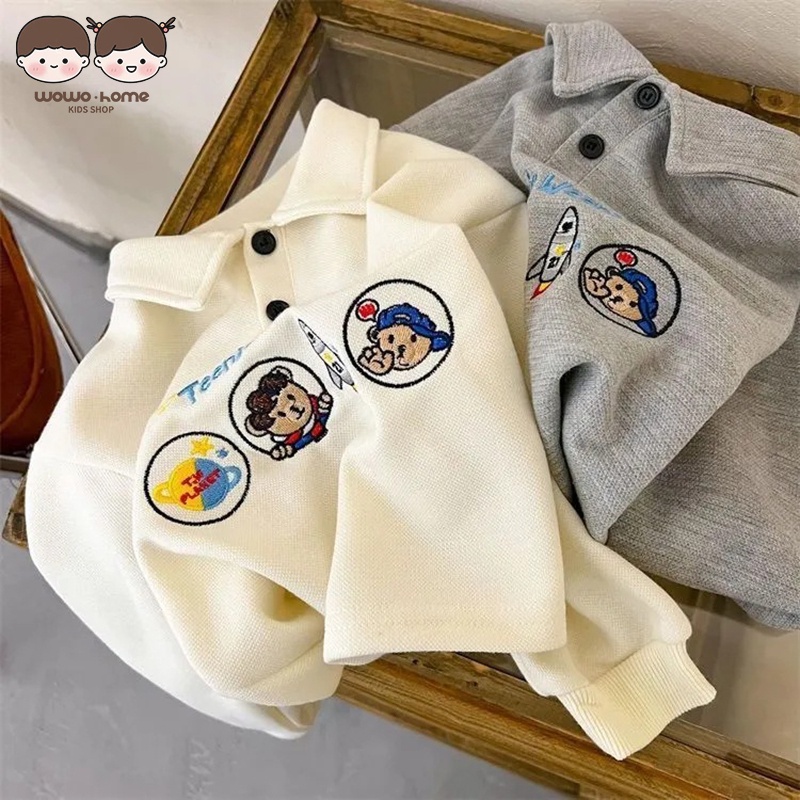 Áo Thun polo Tay Dài Dáng Rộng Thêu Hình Gấu Thời Trang Mùa Thu Phong Cách Phương Tây Dành Cho Trẻ Em Nam Nữ