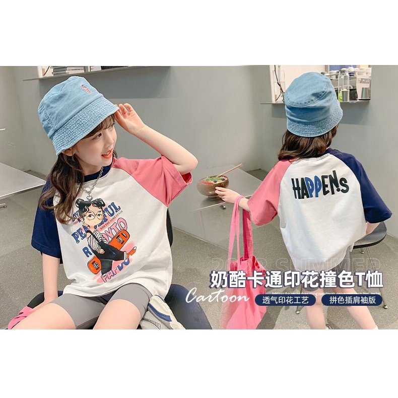 Áo Thun 100 Cotton Tay Ngắn Dáng Rộng Thời Trang Mùa Hè 2023 Cho Bé Gái