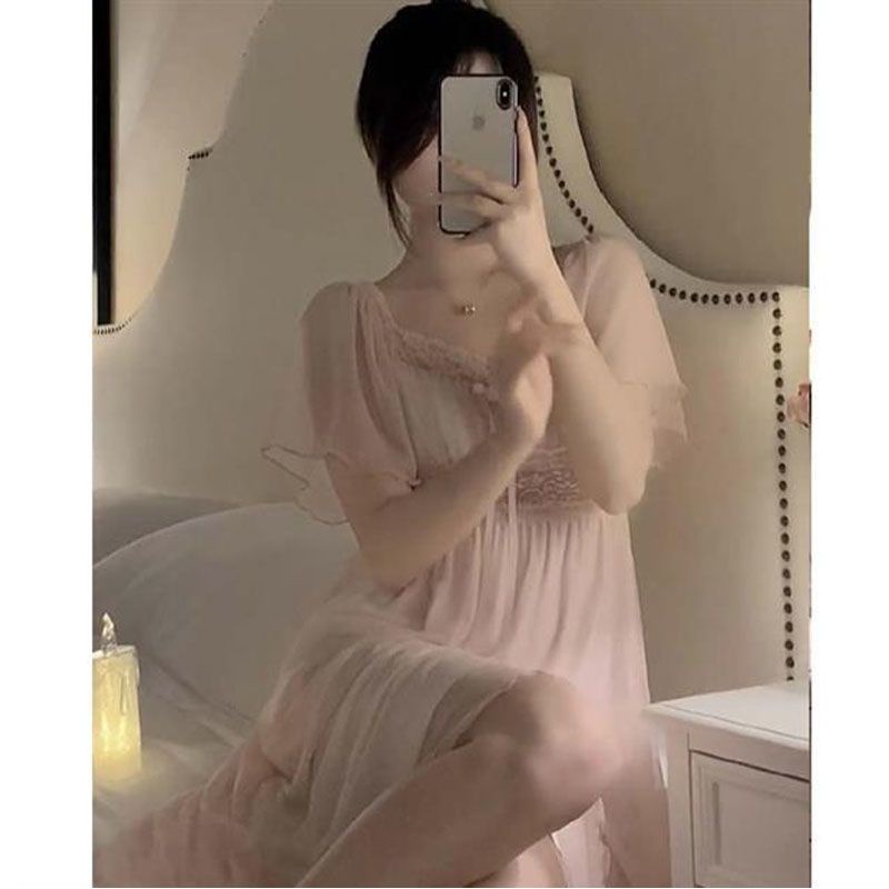 Đầm Ngủ Tay Ngắn Phối Ren Có Mút Đệm Ngực Phong Cách Công Chúa Dễ Thương Thời Trang Mùa Hè Cho Nữ