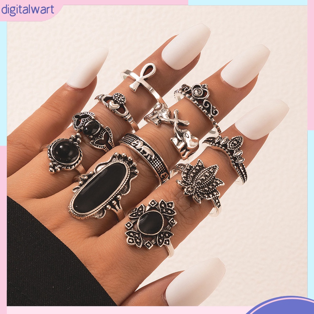 Bộ 11 Nhẫn Đeo Đốt Ngón Tay Bằng Hợp Kim Đính Đá Quý Nhân Tạo Màu Đen Phong Cách Bohemia