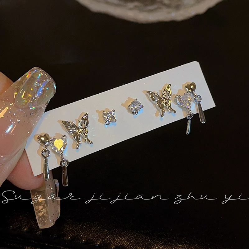Set 6 Bông Tai Mạ Bạc 925 Hình Bướm Dễ Thương