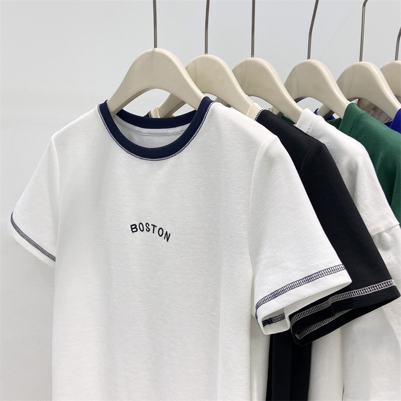 Áo Thun Tay Ngắn Cổ Tròn Thiết Kế Đường Viền Sáng Đơn Giản Phong Cách Phương Tây Cho Nữ