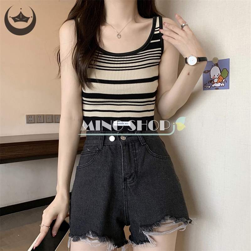 Áo Croptop Dệt Kim Hai Dây Họa Tiết Kẻ Sọc Vintage Thời Trang Mùa Hè Cho Nữ