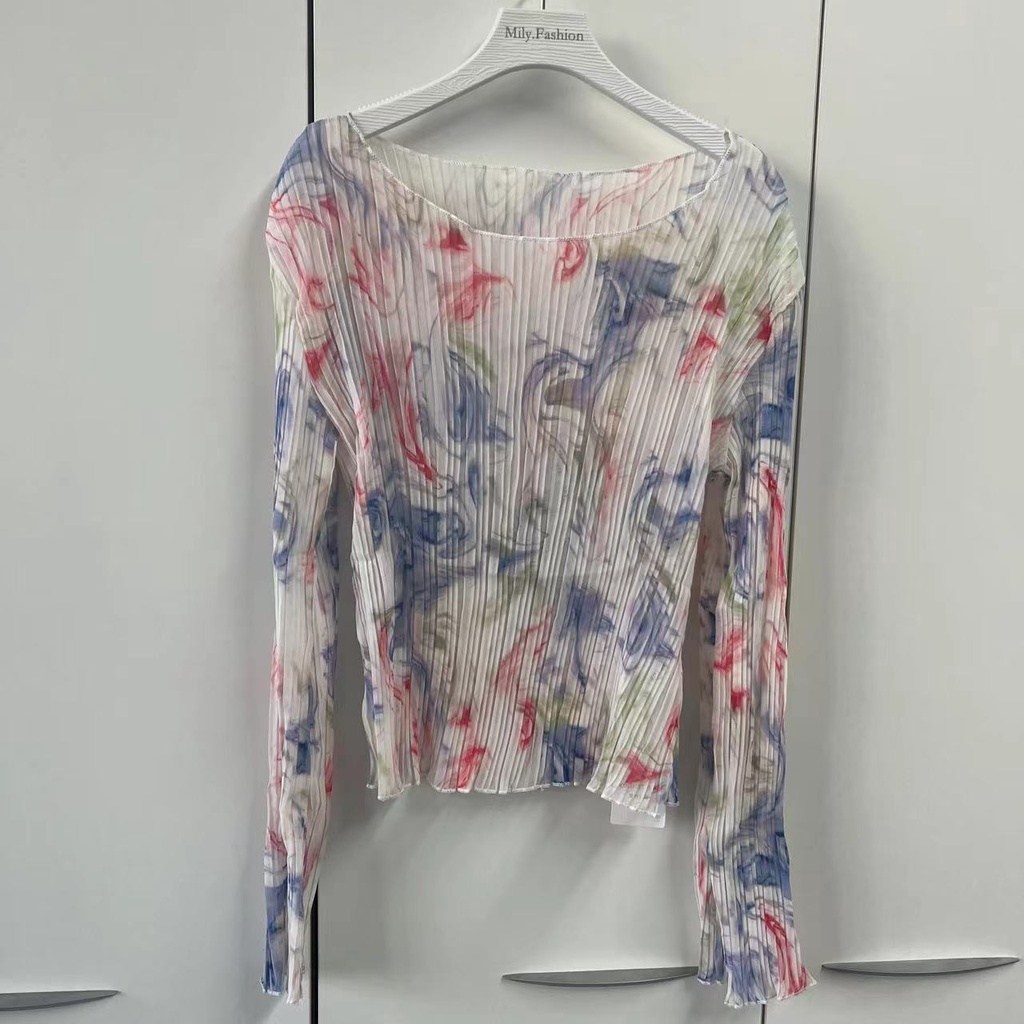 Áo Sơ Mi Chiffon Tay Dài Xếp Ly Nhuộm Màu Retro Thời Trang Mùa Hè Cho Nữ