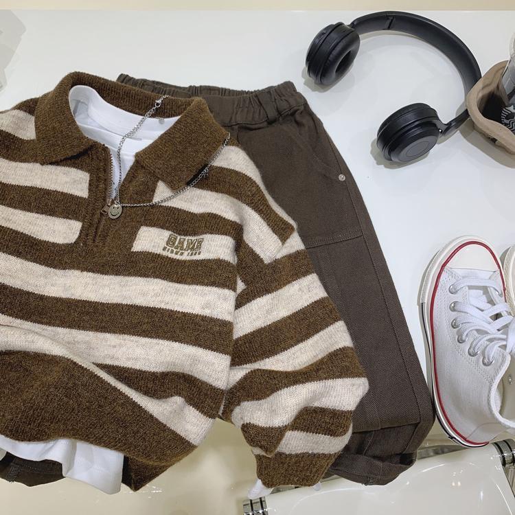 Áo Sweater Tay Dài Cổ Polo Họa Tiết Kẻ Sọc Phong Cách Hàn Quốc Thời Trang Thu Đông Dành Cho Bé Trai Và Bé Gái