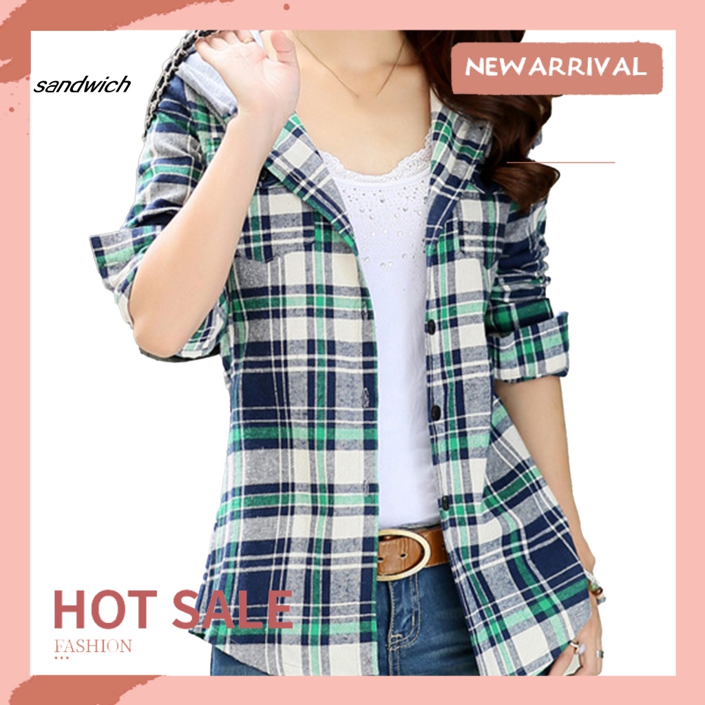 Áo Khoác Sơ Mi Cotton Tay Dài Dáng Rộng Kẻ Sọc Có Nón Cài Nút Thời Trang Cho Nữ