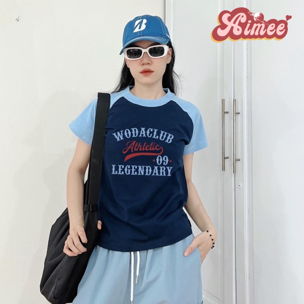 Áo baby tee raglan phối tay màu xanh dương Athletic chất cotton 100%