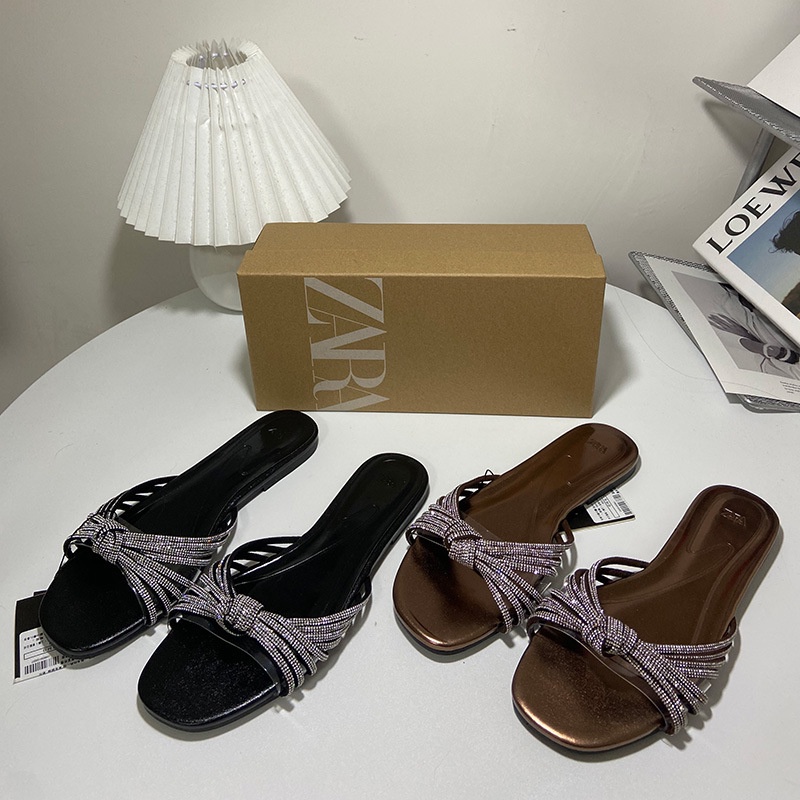 Xăng đan Zara Đế Bệt Một Dây Đính Đá Kim Loại PVC Thời Trang Mùa Hè Cho Nữ