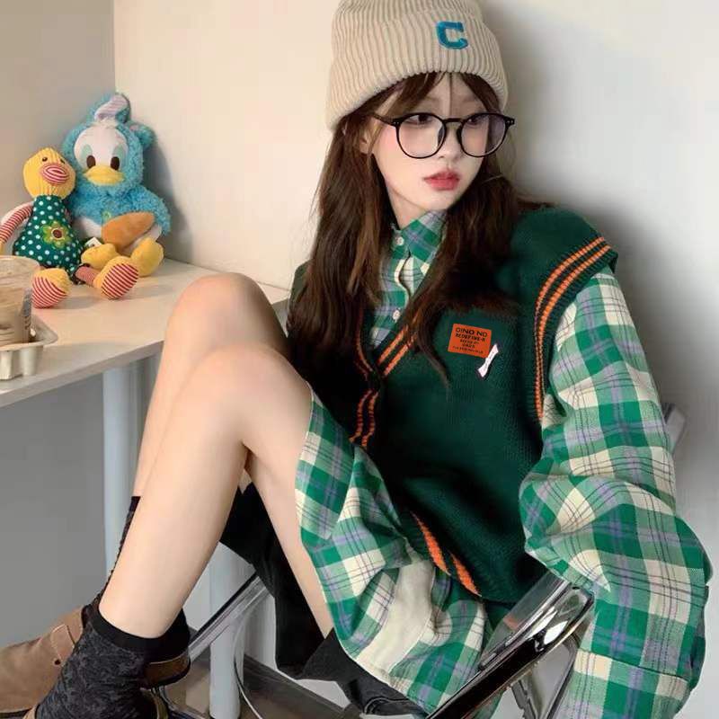 Set áo sơ mi kẻ sọc xanh đại học mới mùa thu + bộ hai mảnh vest