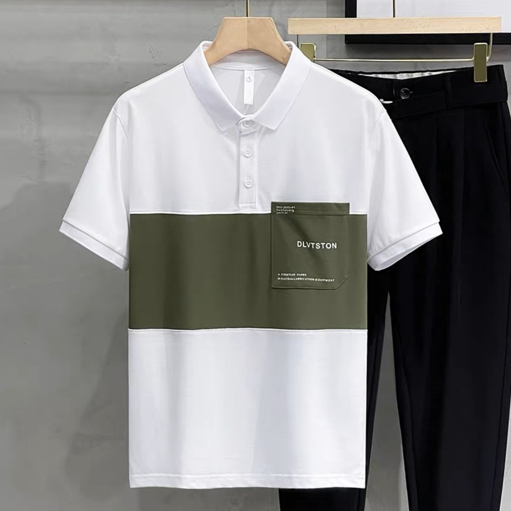 BEFOYI Men's Polo Shirt Short Sleeve Cotton Loose Korean Casual Panel Pocket Polo Neck Top Black Plus Size M-5XL SLC150