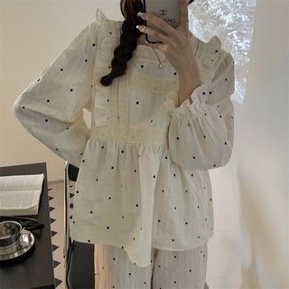 BN66_Bộ ngủ dài tay, pijama chất cotton chấm bi cổ vuông phối ren tiểu thư | hàng quảng châu cao cấp