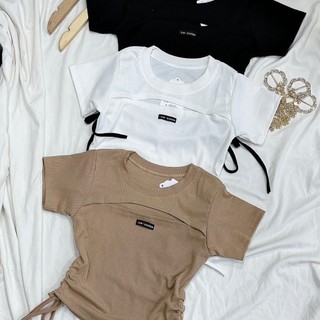 Áo kiểu rút dây eo hở ngực có logo, Áo thun croptop nữ