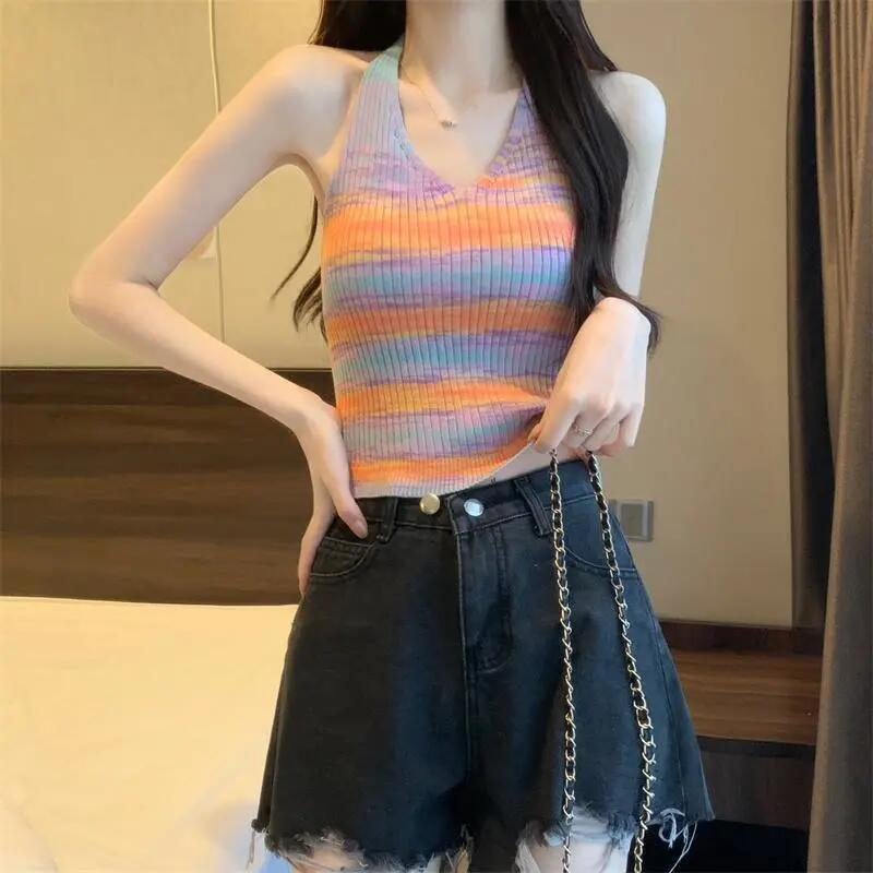 Áo Hai Dây Dệt Kim Họa Tiết Kẻ Sọc Thời Trang Mùa Hè Quyến Rũ Cho Nữ