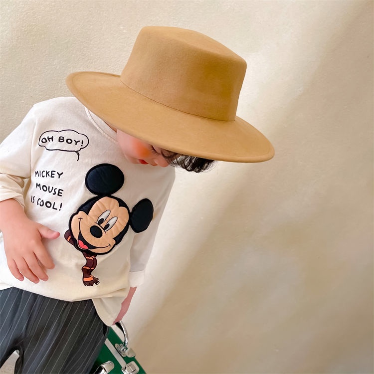 T-shirt trẻ em mùa thu mới bé trai và bé gái phim hoạt hình chuột vá bông dài tay áo chui đầu cho bé