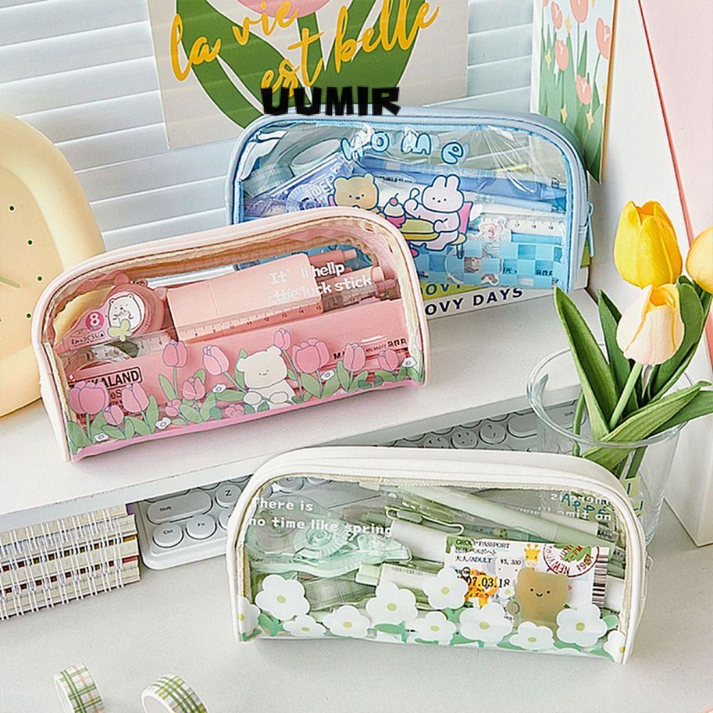 UUMIR Bút chì, túi đựng bút hình hoa dung tích lớn, kiểm tra đơn giản hộp bút trong suốt chống thấm nước chuyên dụng đồ dùng văn phòng cho trường học