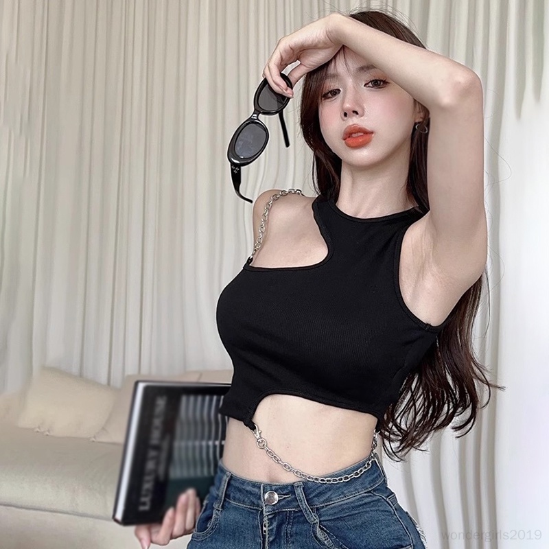 Thời trang croptop của phụ nữ mùa hè Áo hai dây cotton không tay mỏng gợi cảm dây áo tăng không đều
