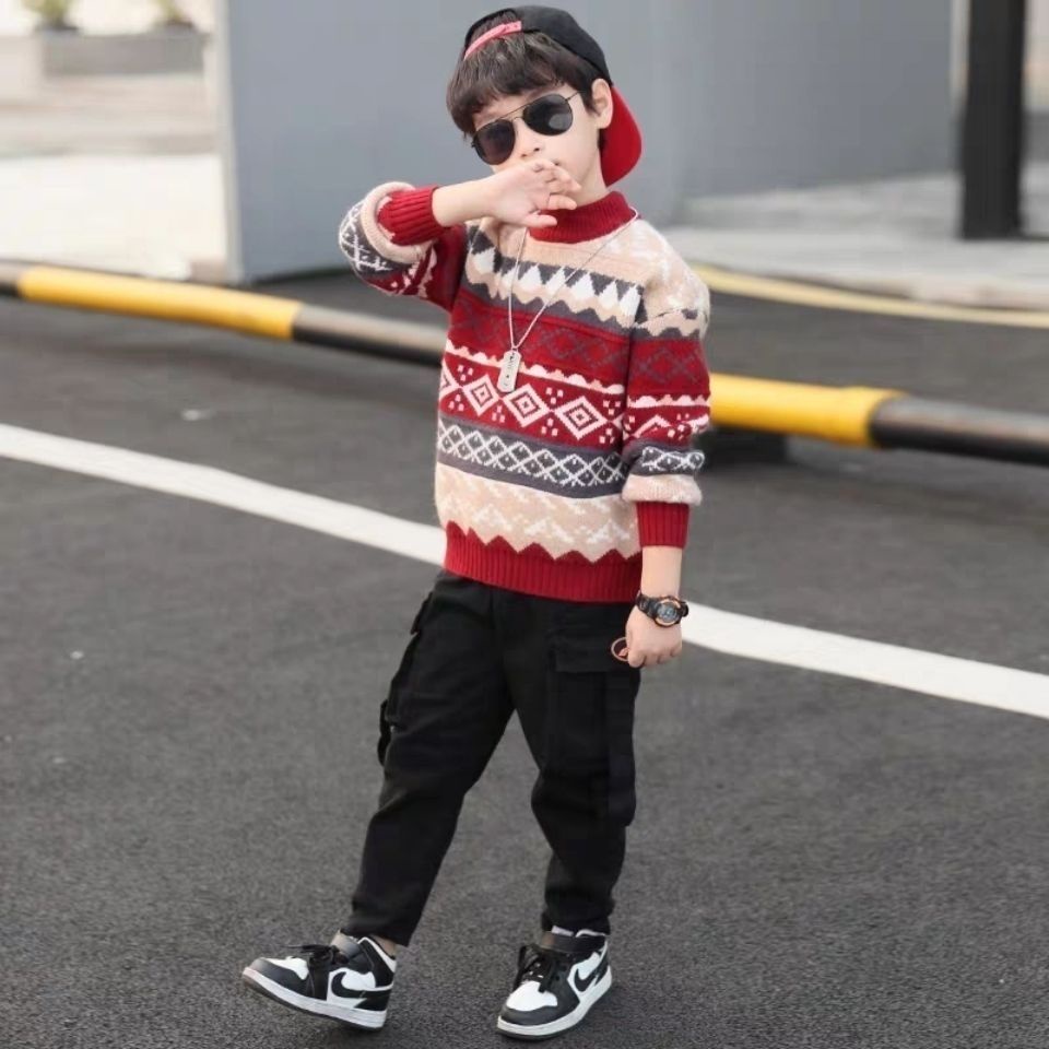 Áo sweater Dệt Kim Phối Nhung Dày Thời Trang Mùa Đông Mới 2023 Cho Bé Trai