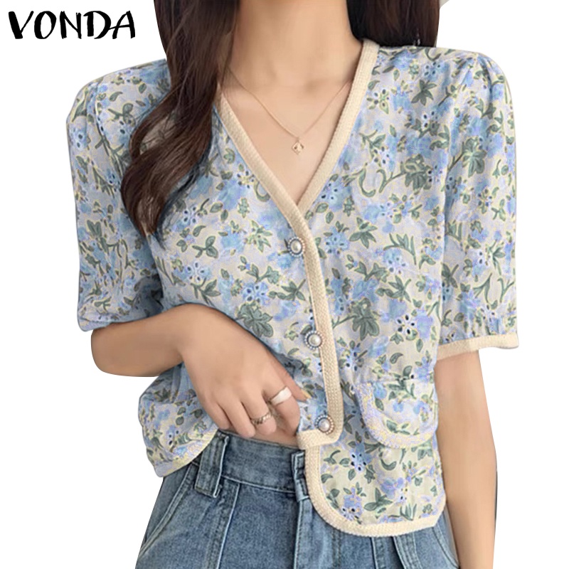 Áo VONDA cổ chữ V tay phồng họa tiết hoa phong cách Hàn Quốc đơn giản dành cho nữ