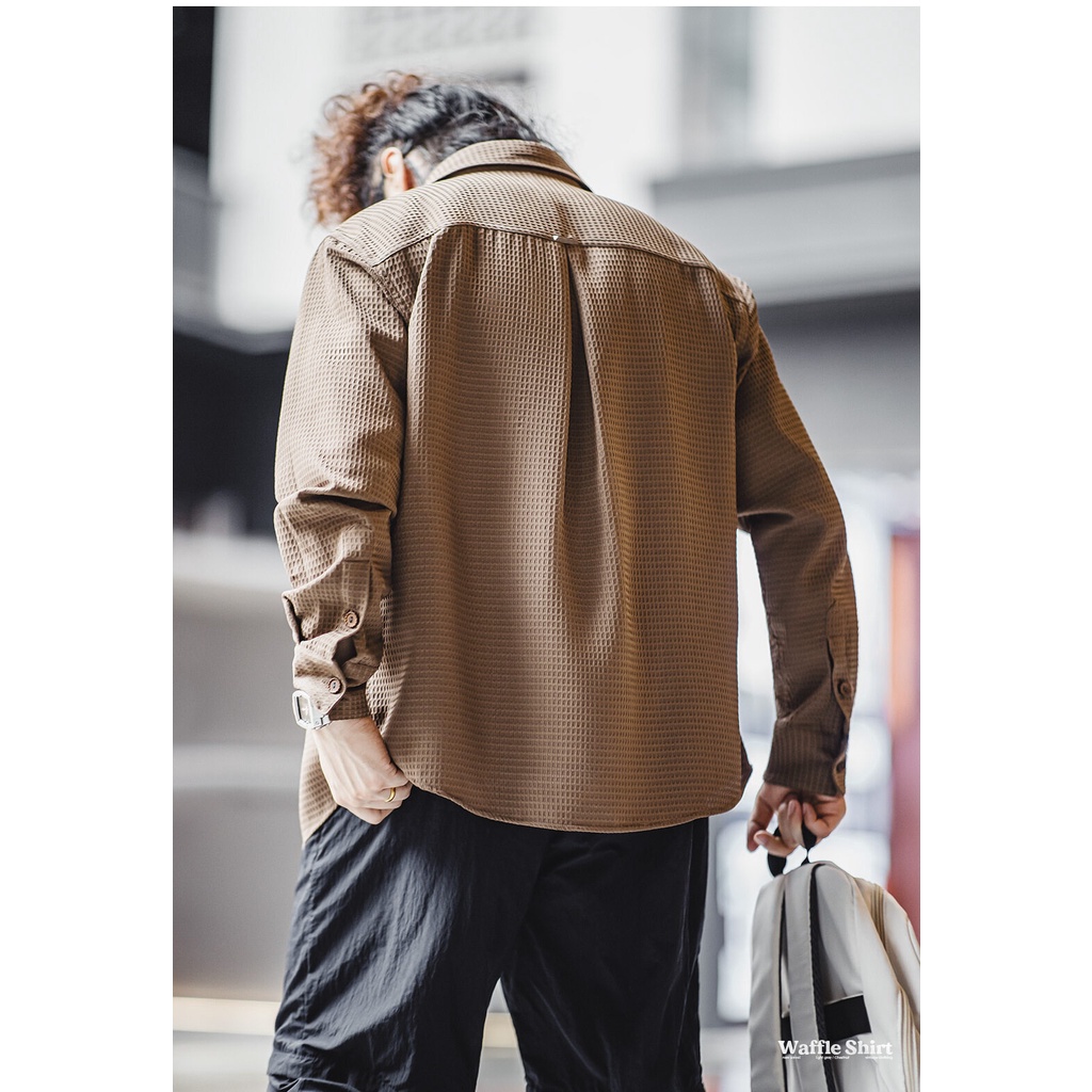 Maden brand men youth stable party 2023 mùa thu mới của mỹ thường xuyên waffle áo sơ mi dài tay dệt kết cấu áo sơ mi kẻ sọc chống nhăn hàng đầu