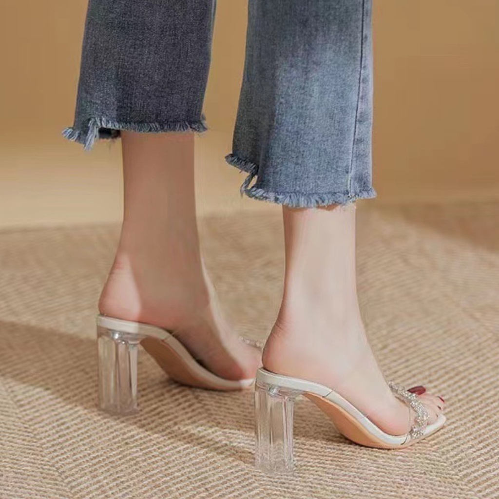 Big Size 35-42 Dép Cao Gót nữ Đế Vuông hở gót phối dây cao 7/9cm