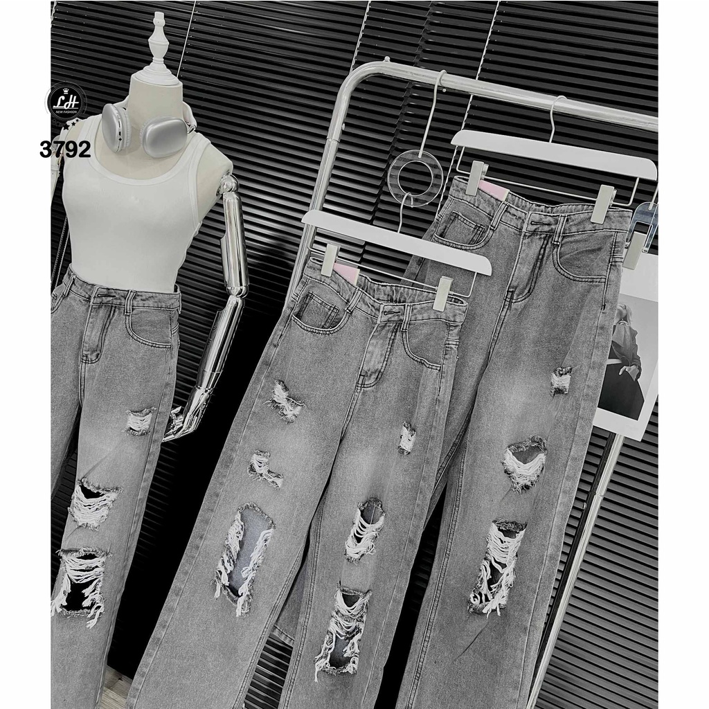 Quần jean nữ ống rộng màu xám rách te tua phá cách Lê Huy Fashion MS 3792