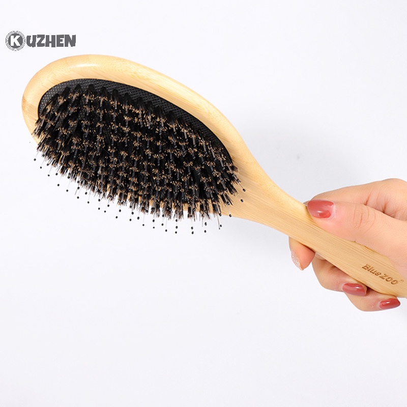 Kuzhen 1 cái bàn chải tóc tre tự nhiên xử lý lợn rừng lông chống tĩnh điện tóc da đầu mái chèo bàn chải tóc gasbag massage lược chăm sóc tóc hot