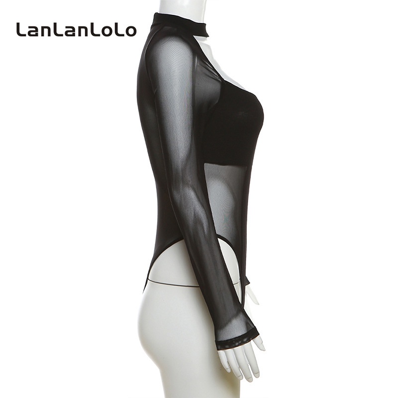 Lanlanlolo women 2023 màu rắn thời trang cổ tròn dài tay áo lưới xương nhìn xuyên thấu bộ đồ bodysuit mỏng gợi cảm | BigBuy360 - bigbuy360.vn