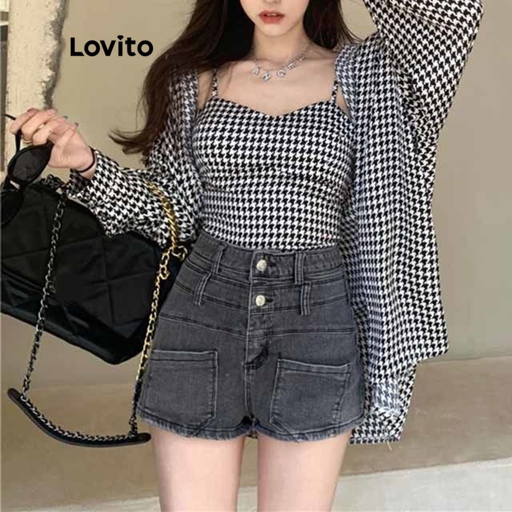 Set trang phục Lovito áo nút cài trước họa tiết sọc răng cưa thường ngày dành cho nữ LNA04060 (màu đen và trắng)