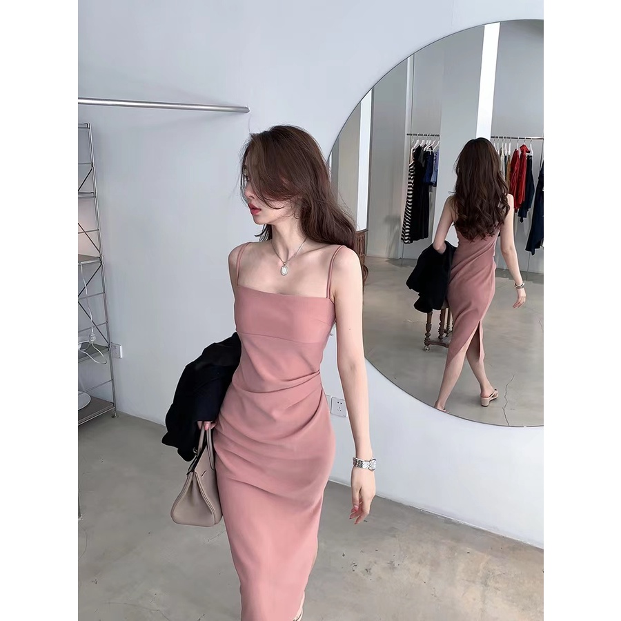 SUXI Đầm Dự Tiệc Hai Dây Dáng Dài Ôm Sát Màu Sắc Đơn Giản Dành Cho Nữ